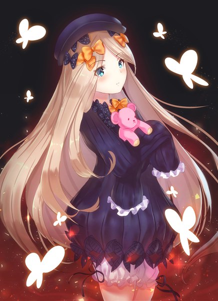 Anime picture 2480x3408 with fate (series) fate/grand order abigail williams (fate) holmemee single long hair tall image looking at viewer blush fringe highres blue eyes simple background blonde hair standing holding long sleeves hands in sleeves girl dress