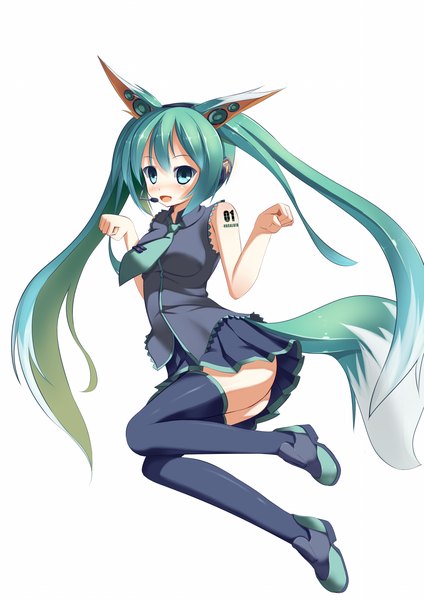 Anime picture 1200x1696 with vocaloid hatsune miku karakura0 single tall image blush open mouth light erotic smile white background twintails bare shoulders animal ears very long hair animal tail pleated skirt multicolored hair aqua eyes two-tone hair tattoo