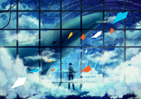 Anime picture 1980x1400 with original xxxka66 single looking at viewer highres short hair blue eyes standing blue hair sky cloud (clouds) wind black eyes reflection abstract boy animal window pendant pants