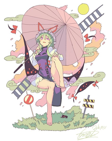 Anime picture 794x1000 with touhou yakumo yukari morino hon single long hair tall image looking at viewer open mouth sitting purple eyes signed barefoot green hair girl dress bow plant (plants) umbrella grass bonnet