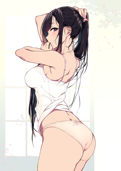 Anime picture 1061x1500 with ane naru mono chiyo (ane naru mono) pochi (pochi-goya) single long hair tall image looking at viewer blush fringe breasts light erotic black hair standing holding brown eyes payot ass ponytail profile fingernails