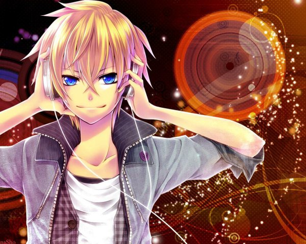 Anime picture 1280x1024 with vocaloid kagamine len ragi (pluie) single short hair blue eyes blonde hair smile wallpaper third-party edit brown background boy headphones wire (wires)