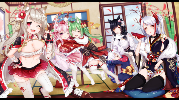 Anime picture 1700x956 with azur lane prinz eugen (azur lane) atago (azur lane) laffey (azur lane) yuudachi (azur lane) akashi (azur lane) kisaragi (azur lane) yuudachi (shogun of snowballs) (azur lane) prinz eugen (dance of a hundred flowers) (azur lane) atago (features of winter) (azur lane) laffey (snow rabbit and candied apple) (azur lane) kisaragi (new year's wish) (azur lane) akashi (akashi's in the red!) (azur lane) shiira (nya rl) long hair looking at viewer blush fringe breasts open mouth