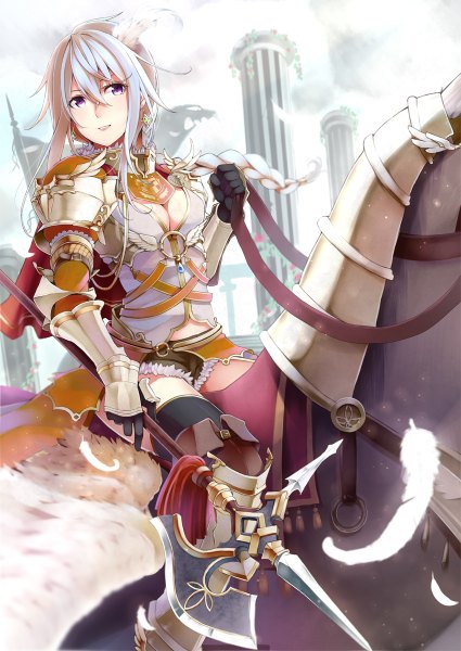 Anime picture 850x1200 with original retsuna tall image purple eyes silver hair braid (braids) girl dress weapon animal armor feather (feathers) horse