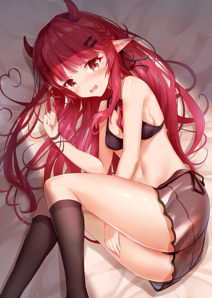 Anime picture 1000x1409 with arknights vigna (arknights) vigna (casual vacation) (arknights) natsuichi-sama single long hair tall image looking at viewer blush fringe breasts open mouth light erotic red eyes bent knee (knees) red hair lying braid (braids) from above pointy ears
