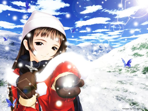 Anime picture 1280x960 with tsubasa no hatameki yukifuji mika tony taka single long hair smile brown hair brown eyes sky cloud (clouds) lens flare winter snow third-party edit 2005 girl scarf insect butterfly cross