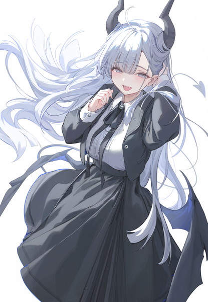 Anime picture 4668x6746 with original thea (nekojira) nekojira single long hair tall image looking at viewer blush fringe highres open mouth blue eyes simple background smile standing white background absurdres silver hair ahoge tail