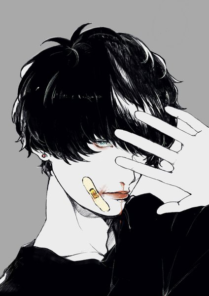 Anime picture 566x800 with original meiya1230 single tall image looking at viewer fringe short hair simple background upper body hair over one eye grey background monochrome bandaid on face spot color bleeding nosebleed boy earrings blood bandaid