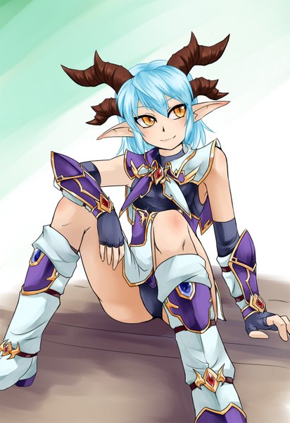 Anime picture 1050x1526 with original nam (valckiry) single tall image looking at viewer blush short hair light erotic blue hair looking away horn (horns) light smile pointy ears orange eyes monster girl girl gloves shoes boots fingerless gloves