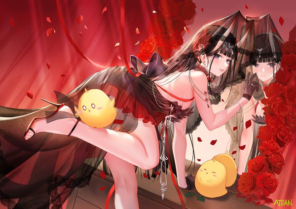 Anime picture 1650x1166 with azur lane manjuu (azur lane) noshiro (azur lane) noshiro (a tale of two lovers) (azur lane) atdan single long hair looking at viewer fringe light erotic black hair standing purple eyes signed blunt bangs parted lips horn (horns) arm support high heels dutch angle