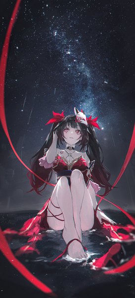 Anime picture 1360x2994 with honkai: star rail honkai (series) sparkle (honkai: star rail) matsogum single long hair tall image light erotic black hair sitting twintails full body pink eyes bare legs partially submerged looking up hand on head convenient leg milky way girl
