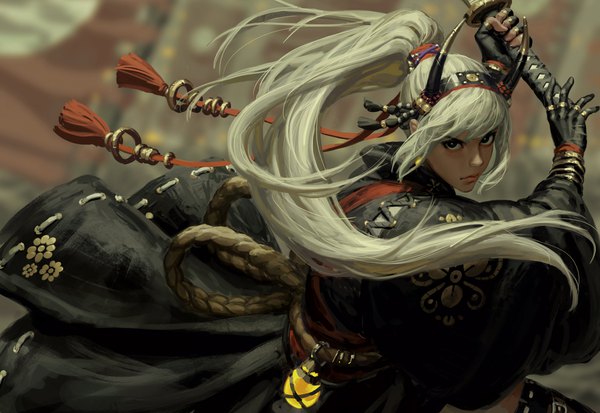 Anime picture 4096x2820 with original guweiz single long hair looking at viewer fringe highres hair between eyes standing holding payot absurdres ponytail long sleeves traditional clothes japanese clothes lips grey hair black eyes blurry