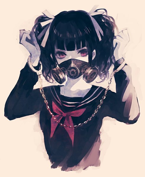 Anime picture 700x856 with original yumeno yume single tall image looking at viewer short hair black hair simple background red eyes twintails pale skin girl uniform serafuku handcuffs respirator