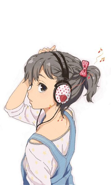 Anime picture 600x1001 with original mattaku mousuke single tall image looking at viewer fringe short hair simple background white background ponytail grey hair grey eyes hand on head polka dot girl bow hair bow headphones musical note overalls