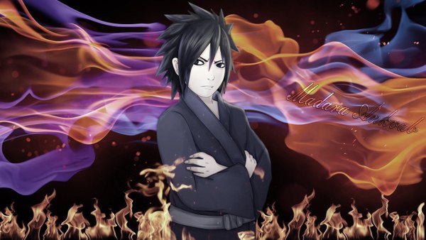 Anime picture 1365x769 with naruto studio pierrot naruto (series) uchiha madara anvmadara fireeaglespirit single short hair black hair wide image signed looking away traditional clothes black eyes coloring crossed arms boy fire