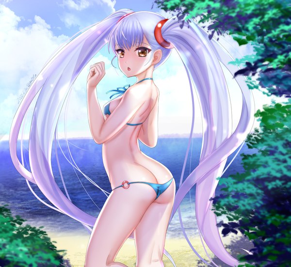 Anime picture 3827x3513 with martian successor nadesico xebec hoshino ruri teketeke single looking at viewer blush fringe highres breasts open mouth light erotic standing twintails signed yellow eyes payot absurdres sky silver hair