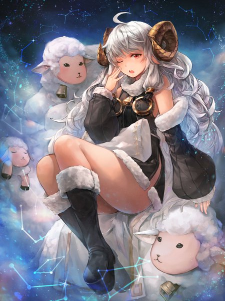 Anime picture 3000x4000 with original crystalherb single long hair tall image fringe highres open mouth light erotic red eyes sitting silver hair full body ahoge bent knee (knees) one eye closed horn (horns) fur trim cute constellation