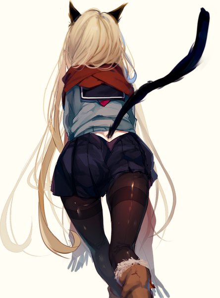 Anime picture 995x1343 with original renkarua single tall image light erotic blonde hair simple background white background animal ears bent knee (knees) ass tail very long hair animal tail pleated skirt from behind cat ears cat tail back girl