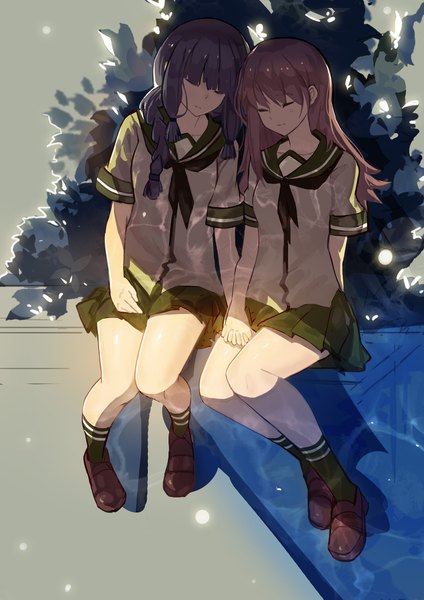 Anime picture 1480x2093 with kantai collection kitakami light cruiser ooi light cruiser tsubasa19900920 long hair tall image fringe black hair brown hair sitting multiple girls braid (braids) eyes closed holding hands shoujo ai girl uniform 2 girls plant (plants) socks