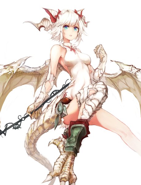 Anime picture 1600x2100 with puzzle & dragons miru (p&d) lumo 1121 single tall image fringe short hair breasts open mouth blue eyes simple background white background bare shoulders holding animal ears looking away bent knee (knees) white hair from below sleeveless