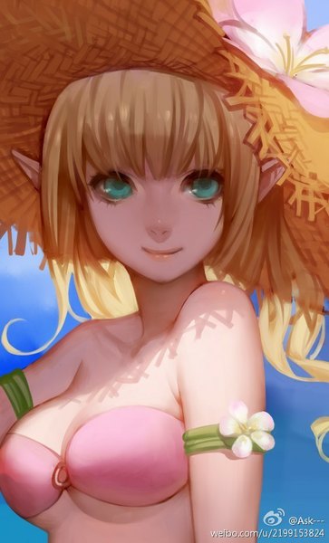 Anime picture 504x833 with dragon nest archer (dragon nest) ask (askzy) single long hair tall image looking at viewer fringe light erotic blonde hair smile bare shoulders green eyes sky lips pointy ears girl flower (flowers) o-ring bikini