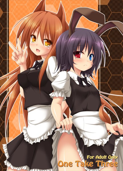 Anime picture 1200x1667 with original mizunoe kotaru long hair tall image blush short hair open mouth black hair multiple girls animal ears cat ears orange hair teeth maid orange eyes fang (fangs) bunny ears heterochromia girl 2 girls