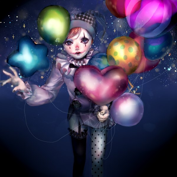 Anime picture 1500x1500 with original sitry single looking at viewer short hair brown hair sparkle grey eyes lipstick polka dot face paint clown thighhighs boy frills star (symbol) single thighhigh cap thread balloon