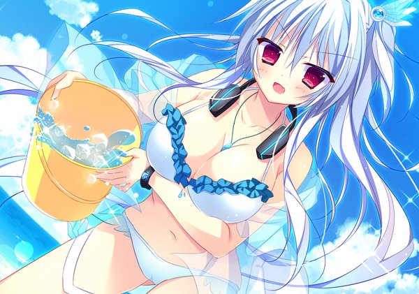 Anime picture 1920x1350 with lamunation aoumi lamune ringonotane (muku) single long hair blush fringe highres breasts open mouth light erotic hair between eyes red eyes large breasts holding game cg sky silver hair cloud (clouds) fang (fangs)