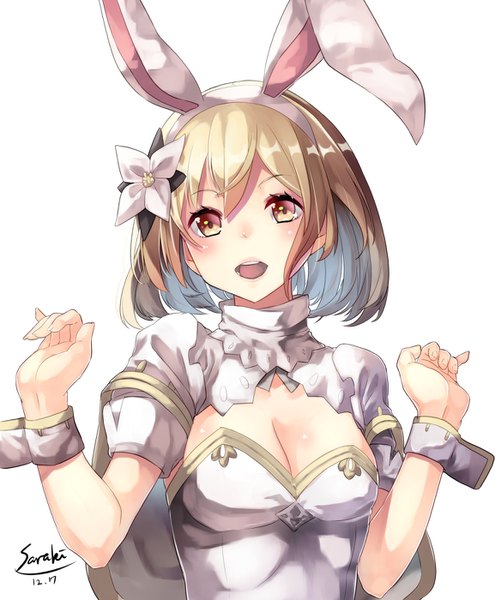 Anime picture 1154x1400 with granblue fantasy gita (granblue fantasy) saraki single tall image blush fringe short hair breasts open mouth simple background blonde hair hair between eyes red eyes white background signed animal ears looking away cleavage upper body