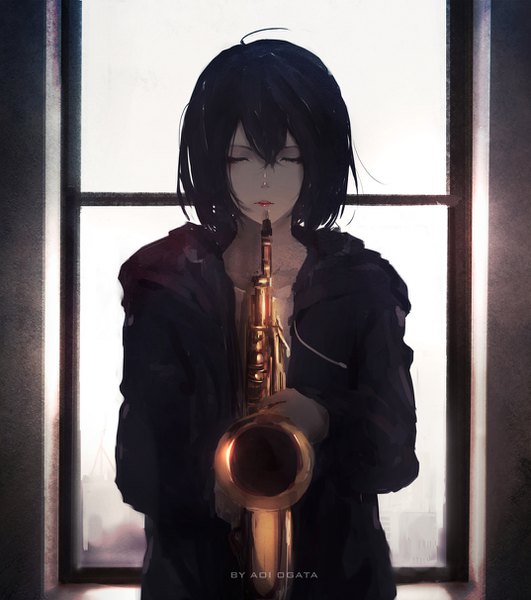 Anime picture 1073x1212 with original aoi ogata single tall image fringe short hair black hair hair between eyes holding ahoge eyes closed girl musical instrument saxophone