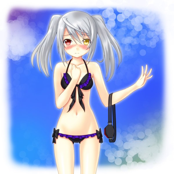 Anime picture 1200x1200 with infinite stratos 8bit laura bodewig setona (daice) single blush light erotic twintails silver hair heterochromia girl underwear swimsuit bikini black bikini