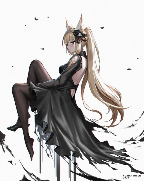 Anime picture 961x1200 with granblue fantasy yuisis (granblue fantasy) yurichtofen single long hair tall image blush fringe breasts blonde hair simple background hair between eyes white background sitting signed payot looking away full body bent knee (knees) ponytail