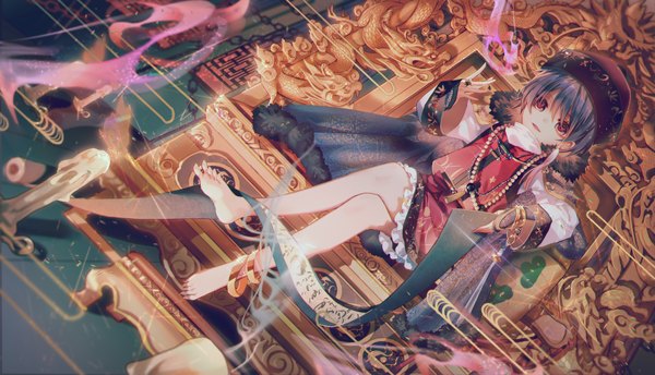 Anime picture 1743x1000 with touhou sukuna shinmyoumaru yasato single highres short hair red eyes wide image sitting blue hair full body barefoot dutch angle alternate costume crossed legs girl hat ring beads anklet