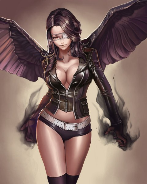 Anime picture 960x1200 with original dantewontdie single long hair tall image looking at viewer light erotic brown hair brown eyes cleavage open clothes no bra open jacket magic girl wings jacket shorts black socks eyepatch