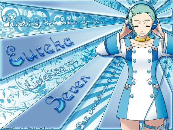 Anime picture 1024x768 with eureka seven studio bones eureka single smile standing signed blue hair eyes closed green hair light smile girl dress hair ornament belt headphones hairclip thigh strap bobby pin collar