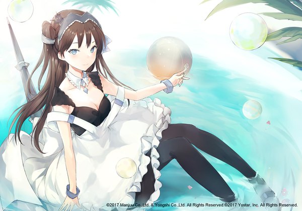 Anime picture 1400x978 with azur lane newcastle (azur lane) lpip single long hair looking at viewer blush fringe breasts blue eyes smile brown hair sitting twintails holding cleavage full body bent knee (knees) from above official art