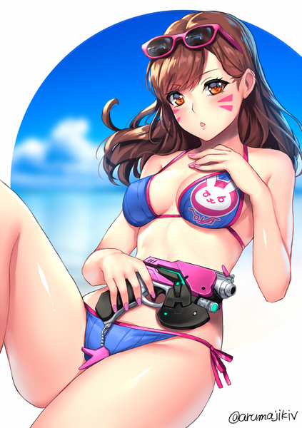 Anime-Bild 565x800 mit overwatch blizzard entertainment d.va (overwatch) aruma jiki single long hair tall image looking at viewer breasts light erotic brown hair bare shoulders brown eyes signed sky bent knee (knees) nail polish :o twitter username facial mark