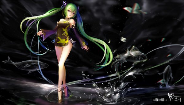 Anime picture 1400x803 with vocaloid hatsune miku wangchuan de quanyan single open mouth wide image twintails purple eyes bare shoulders very long hair aqua hair dark background girl dress detached sleeves animal short dress fish (fishes)