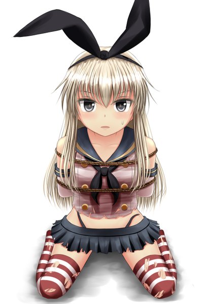 Anime picture 1024x1449 with kantai collection shimakaze destroyer gin fuaru single long hair tall image looking at viewer blush open mouth simple background white background white hair grey eyes bondage girl thighhighs gloves bow hair bow miniskirt