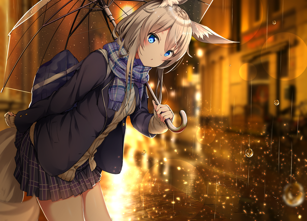 Anime picture 2069x1490 with original yukishiro arute single long hair looking at viewer blush fringe highres blue eyes hair between eyes standing holding animal ears silver hair outdoors tail long sleeves animal tail pleated skirt night
