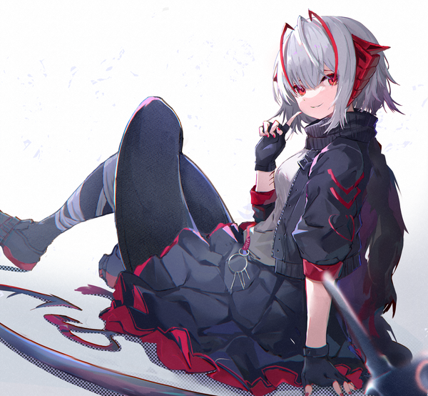 Anime picture 1980x1827 with arknights w (arknights) fujimaki nora single looking at viewer highres short hair smile red eyes sitting silver hair nail polish horn (horns) arm support turning head finger to mouth shaded face red nail polish girl gloves