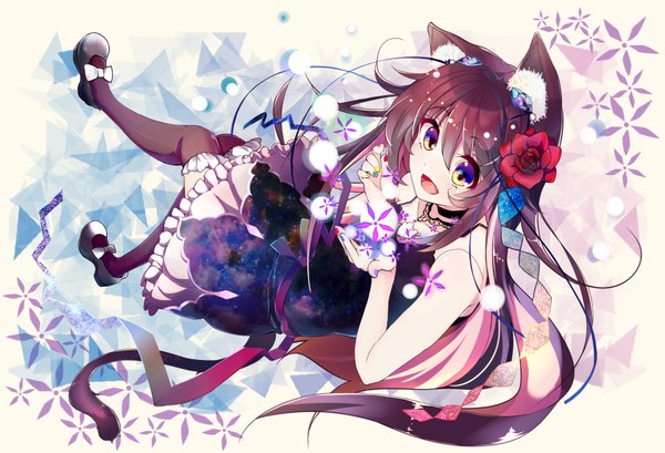 Anime picture 1783x1216 with original kyona (konakona) single long hair looking at viewer highres open mouth brown hair purple eyes animal ears yellow eyes tail lying nail polish animal tail looking back hair flower fingernails from above cat ears