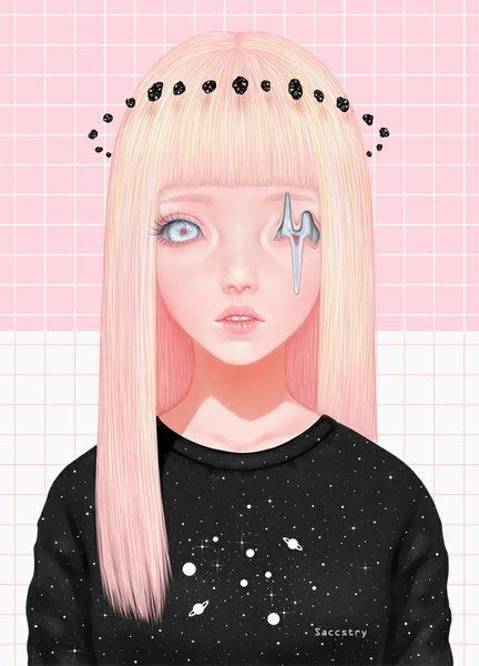 Anime picture 612x850 with original saccstry single long hair tall image looking at viewer fringe blue eyes blonde hair parted lips close-up starry sky print space print girl star (stars) halo planet