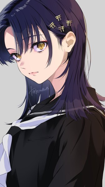 Anime picture 675x1200 with original kate iwana single long hair tall image looking at viewer fringe black hair simple background hair between eyes signed yellow eyes upper body head tilt grey background portrait slit pupils girl uniform hair ornament