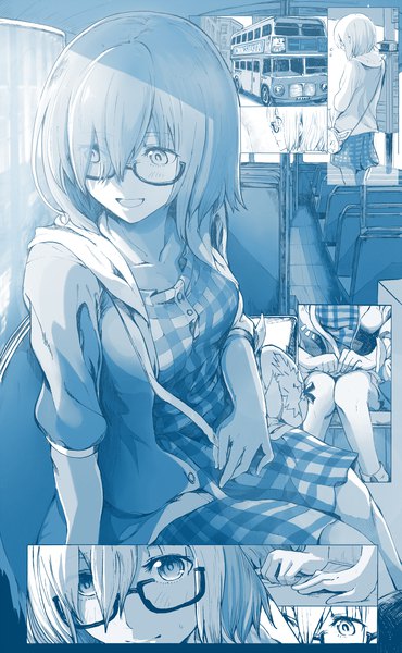 Anime picture 1200x1945 with fate (series) fate/grand order mash kyrielight tall image short hair open mouth standing sitting looking away from behind monochrome multiview plaid girl dress glasses hood bag hoodie ground vehicle