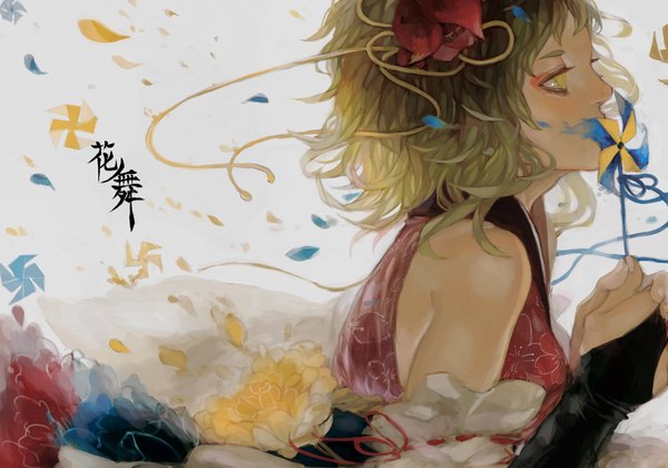 Anime picture 1700x1190 with vocaloid gumi renos single fringe short hair bare shoulders green eyes profile hair flower green hair alternate costume hieroglyph eyeshadow girl dress hair ornament flower (flowers) petals thread