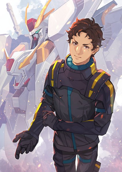 Anime picture 4761x6734 with mobile suit gundam gundam hathaway's flash sunrise (studio) hathaway noa xi gundam uedrk yamato single tall image looking at viewer highres short hair red eyes brown hair absurdres boy pilot suit mecha