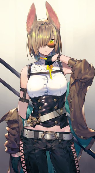 Anime picture 550x1000 with original noy single tall image looking at viewer fringe short hair breasts simple background brown hair standing green eyes animal ears parted lips hair over one eye off shoulder open jacket midriff gradient background slit pupils