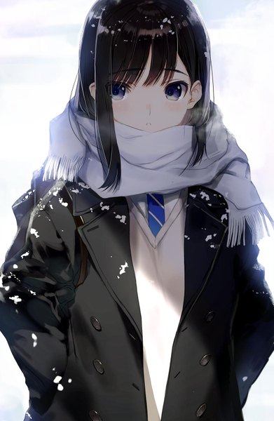 Anime picture 979x1500 with original nakamura takeshi single long hair tall image looking at viewer blush fringe blue eyes black hair simple background standing white background payot upper body winter snow exhalation hands in pockets girl