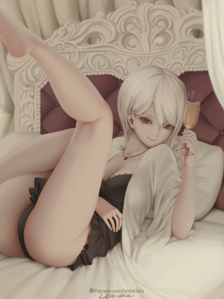 Anime picture 750x1000 with shokugeki no soma j.c. staff nakiri alice letdie1414 single tall image looking at viewer fringe short hair breasts light erotic smile hair between eyes red eyes holding signed bent knee (knees) ass white hair indoors